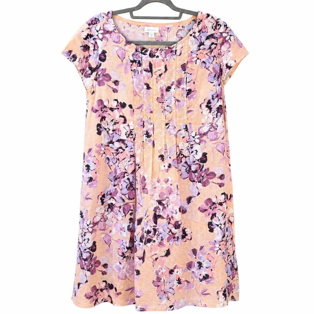 J Jill Womens Medium Tall Shift Dress Peach Purple Floral Love Linen Coastal